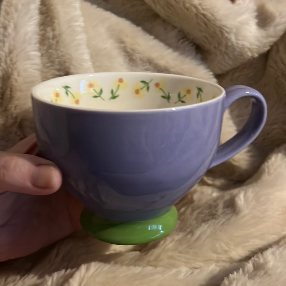Davids Tea mug purple & green w/ yellow flowers inside 3.5” Tall, 4”Rim